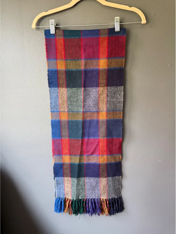 Colorful Plaid Wool Blend Scarf with Fringe - Image 5
