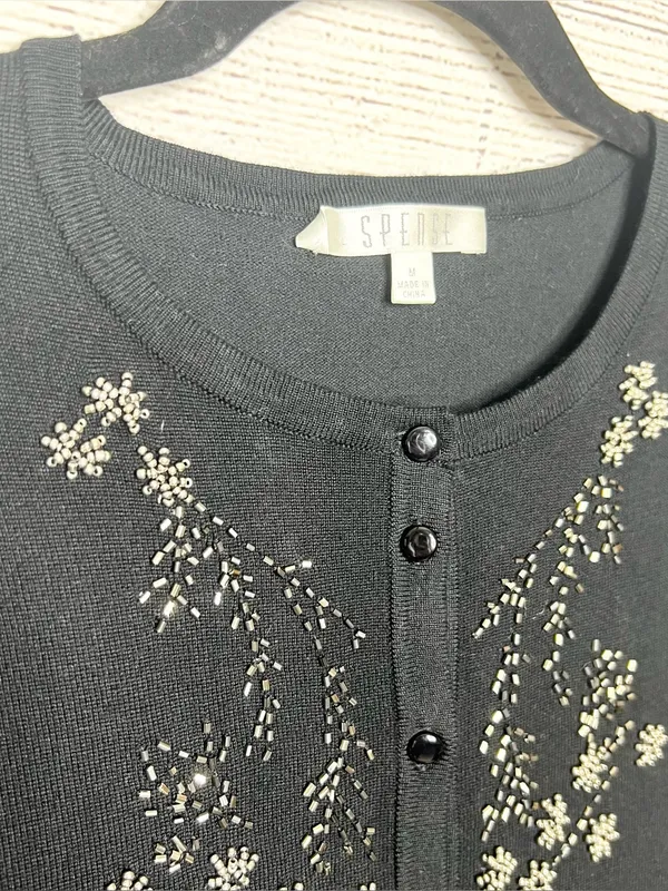 Spense Black Cardigan with Metallic Beaded Floral Embellishment Size Medium - Image 6
