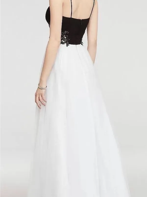 Black and White Beaded Bodice Spaghetti Strap Prom Dress - Image 2