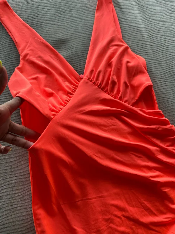 Neon Coral Ruched Cutout Mini Dress - Image 4