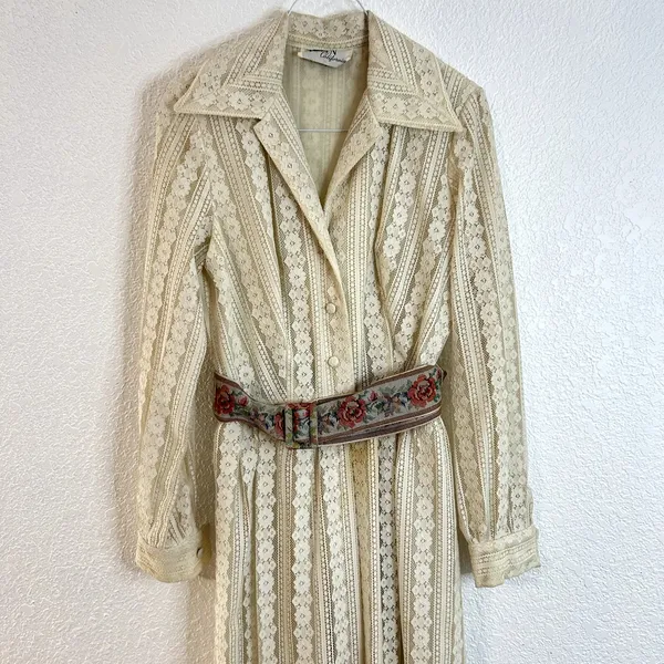 Vtg 70s John California Button Down Lace Dress Maxi Womens Cream Boho Collared - Image 3
