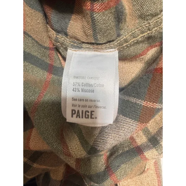 Paige Plaid Flannel Button Down Shirt Large Green Tan Cotton Blend Soft sz L - Image 7