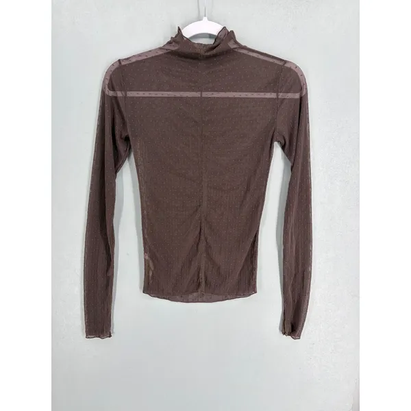 Free People Womens Mesh Top Brown Swiss Dot Sheer Mock Neck XS - Image 3
