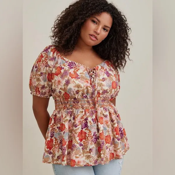 Torrid Harvest Floral Georgette Eyelet Smocked Waist Puff Sleeve Top - size 1 - Image 11