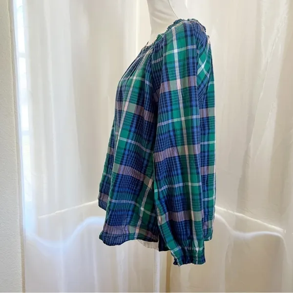 Old Navy Plaid Smocked‎ Square Neck Blouse Large Green Blue Long Sleeve Top - Image 2