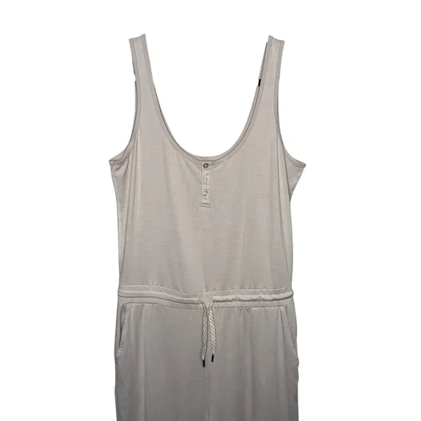 Vuori Womens Medium Sleeveless Lounge Jumpsuit Beige Drawstring Wide Leg Pockets - Image 2