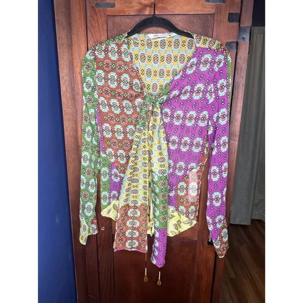 Zara Patchwork Floral Tie Neck Blouse Boho Y2K Sheer Top Multicolor Size S - Image 4