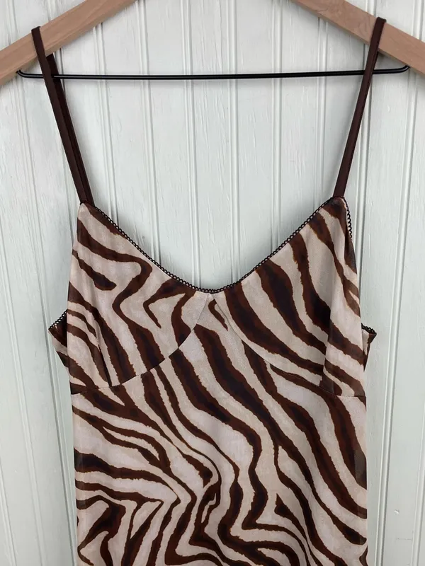 NEW Camila Coelho Brown Zebra Print Slip Maxi Dress Size Large Mesh Y2K Revolve - Image 4