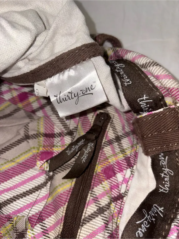 Thirty-one Plaid Distressed Canvas Tote Bag in Pink and Cream - Image 5