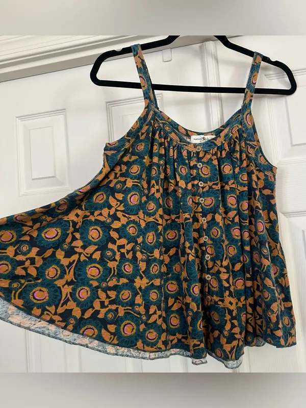 Natural Life Relaxed Button Down Tank Top Teal Dahlia Floral Boho Size S - Image 4