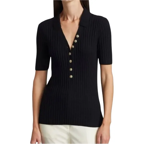 Loulou Studio Socotra Wool Cashmere Black Ribbed Short Sleeve Polo Top MEDIUM - Image 3