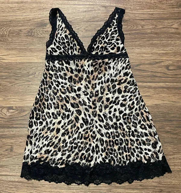 Victoria’s Secret Cheetah Print Lace Mesh Chemise Nightie Black Tan Large - Image 7