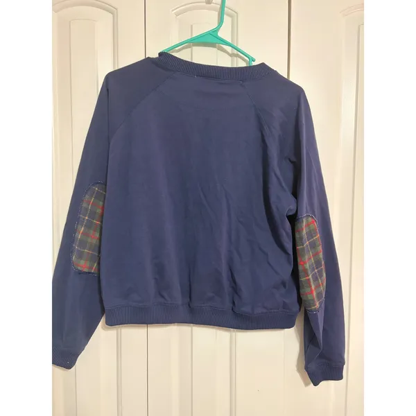 White Stag Cardigan Zip Up Plaid Elbow Patch Navy Blue Vintage Large - Image 6
