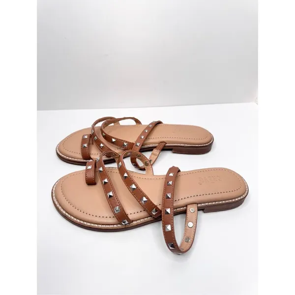 Crevo Sandals Size 7‎ Tan Leather Upper Womens Open Toe Spike Details Flats - Image 5