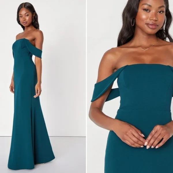 LULU's Sexy Prom Wedding Bridesmaid Emerald Green Off the Shoulder Mermaid Gown - Image 3