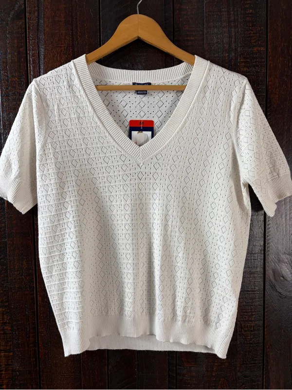 Splendid Cream Short-Sleeve Pointelle V-Neck Sweater Knit Top Medium - Image 2