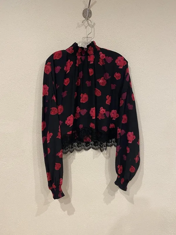 The Kooples Blouse Womens Small Black Floral Lace Sheer High Neck Cropped Top - Image 2