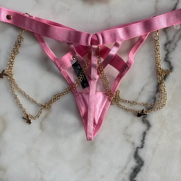 Playboy Charm Waspie 3pc Lingerie Set Pink Bra Corset Thong Gold Bunny Chains - Image 7