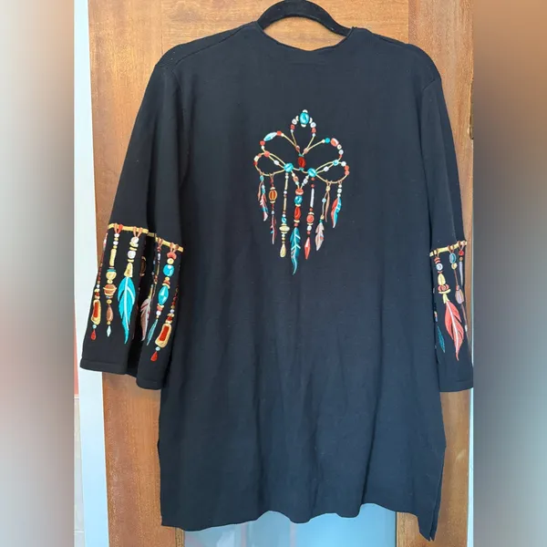 Bob Mackie Women’s Black Wearable Art Feather Cardigan Sweater Dream Catcher - Image 7