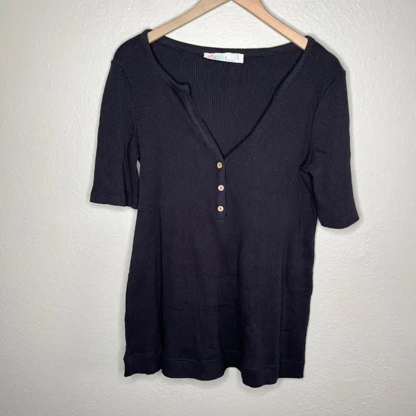 Free People Beach Ribbed Black Over Sized Henley Top Size Med coastal - Image 8