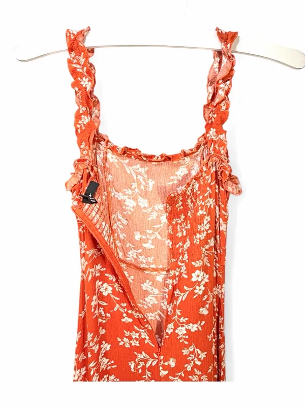 LULUS Women’s Garden Date Red Orange Floral Print Ruffle Midi Dress size XXS - Image 14