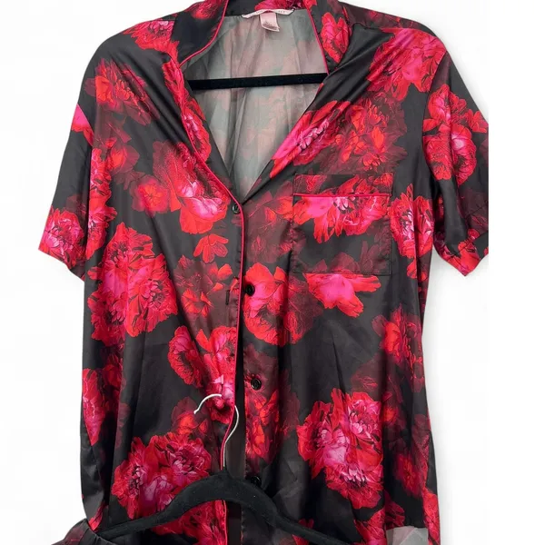 VICTORIA'S Secret M Pj's Pajama Set Satin Shorts Top Dark Floral Women Sleepwear - Image 2