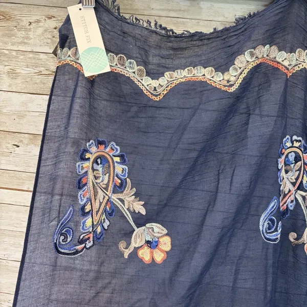 NWT Stitch Fix Accessory Collective Amery Scarf Navy Embroidered Paisley Boho - Image 2
