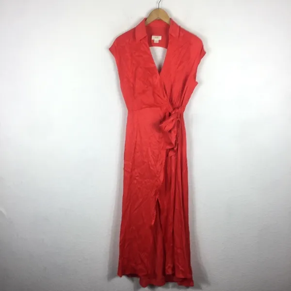 Anthropologie Maeve Open-Back Satin Wrap Midi Dress Orange Small Resort Wear - Image 4