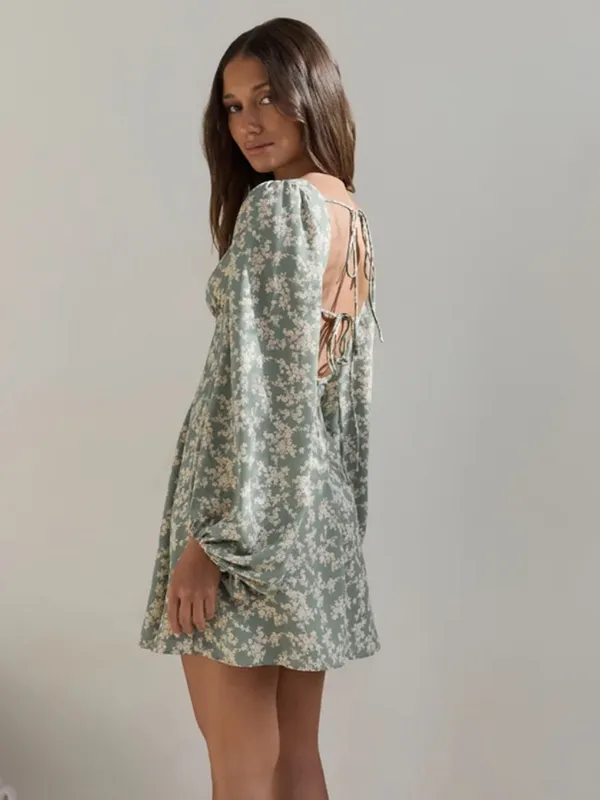 Fortunate One Garden Chic Mini Dress Green & White Floral. Voluminous Sleeves - Image 10
