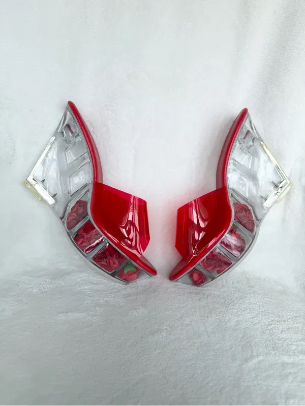 Red Clear Wedge Slide Sandals with Rose - Image 6