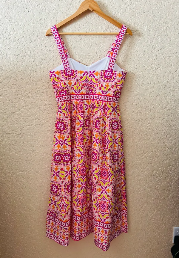 🩷 Maison Tara Medallion Print Midi Dress Size 4 Bright Pink Orange WITH POCKETS - Image 4