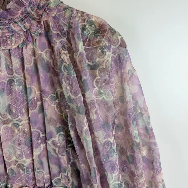 Elliatt Resorts Mini Dress Medium Lilac Multi Floral Embroidered Smocked Cottage - Image 6