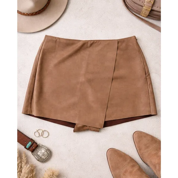 Y2k Faux Suede Wrap Skort Brown Large Mini Skirt Shorts Neutral - Image 13