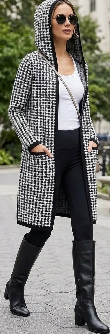 Golden Lillie Women's Long Hooded Cardigan Sweater Houndstooth Jacket M - Image 3