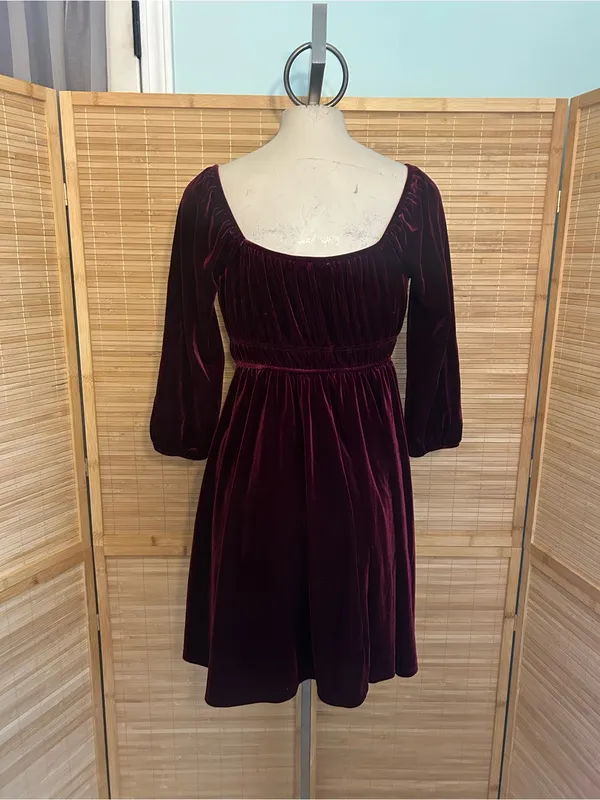 Celebrity Pink burgundy Velvet Puff Sleeve Smocked Waist Mini Dress woman’s S - Image 3