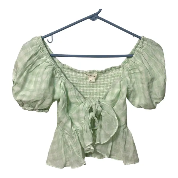 Aéropostale Gingham Puff Sleeve Tie Front Peplum Crop Top Green Size Small NWT - Image 5