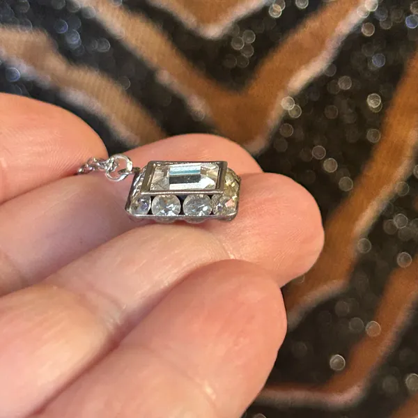 Handmade Handcrafted vintage emerald cut halo clear glass stone pendant on chain necklace - Image 6
