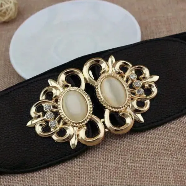 Golden Double Buckle Black Waspie Belt Stretchy Elastic Accentuating‎ Waist Band - Image 14