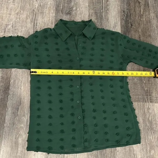 Forest Green sheer button down long sleeve blouse with textured dots - Image 8