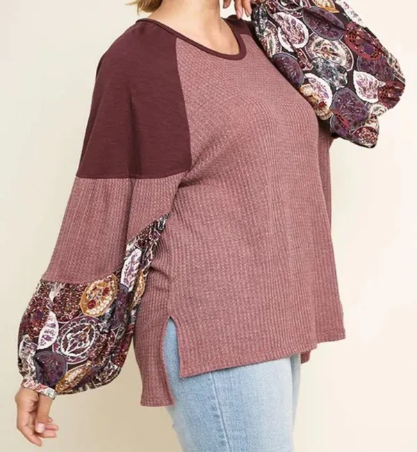 Umgee Waffle Knit Balloon Sleeve Sweater Top Sz Large Boho Patchwork - Image 2