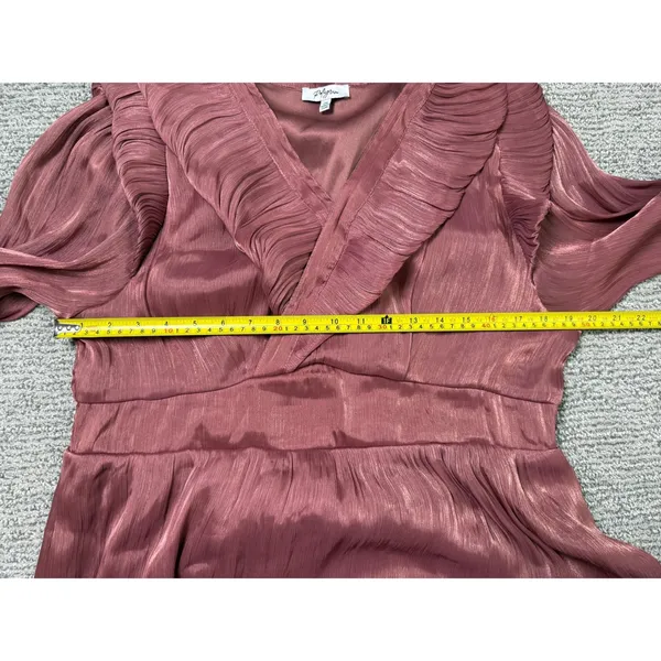 Polagram‎ Mauve Rose Pleated Metallic Ruffle Midi Dress 2XL Long Sleeve Smocked - Image 7