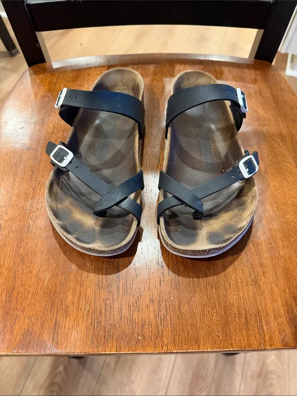 Birkenstock Black Double-Strap Toe Loop Sandals with Silver Buckles - Image 2
