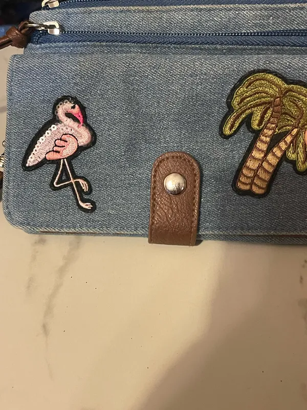 Vtg 1990's DENIM CLUTCH BAG BEACH THEME UNBRANDED FLAMINGO/PALM TREE - Image 3