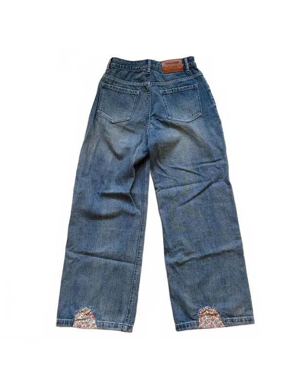 Aelfric Eden Wide Leg Denim Jeans Baggy Distressed Floral Patch Women's Size 26 - Image 2