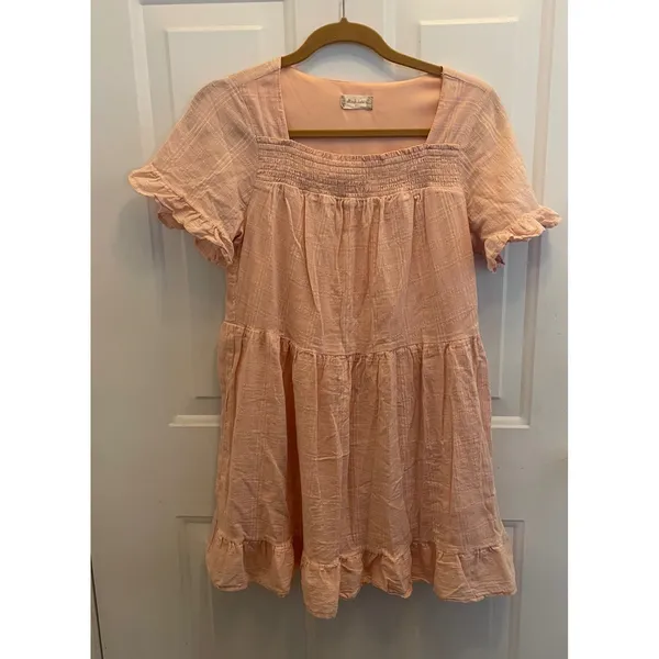 Altar'd State Peach Smocked Babydoll Mini Dress‎ Short Sleeve Ruffle S - Image 2