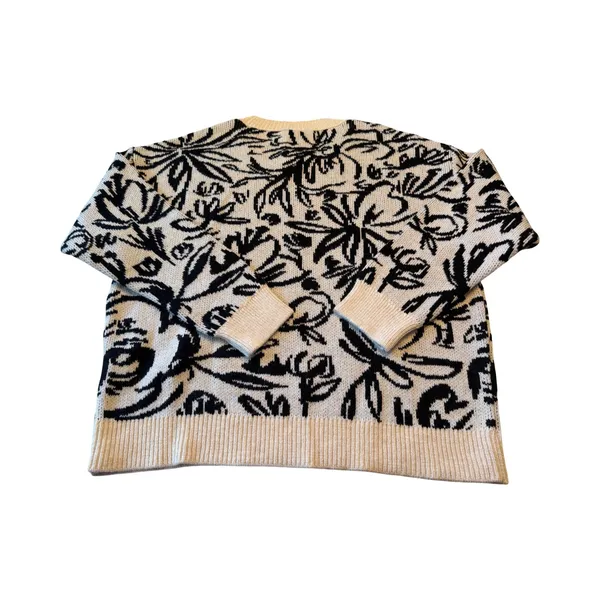 Anthropologie Abstract Floral Jacquard Wool Blend Crewneck Sweater XL Cream Blue - Image 5