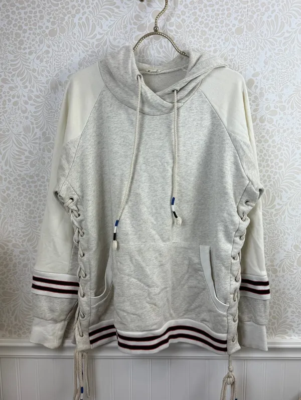 POL Cream & Gray Oversized Boho Stripe Cowl Neck Lace-up Hoodie - Size - Medium - Image 2