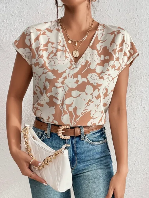 Beige V-Neck Blouse With White Floral Print - Image 4