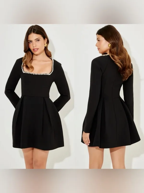 Odd Muse London Pearls Mini Dress Black square neck long sleeve - Image 3