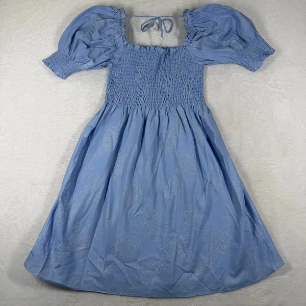 Hill House Home Athena Nap Dress XS Light Blue Glitter Check Metallic Smocked NW - Image 8
